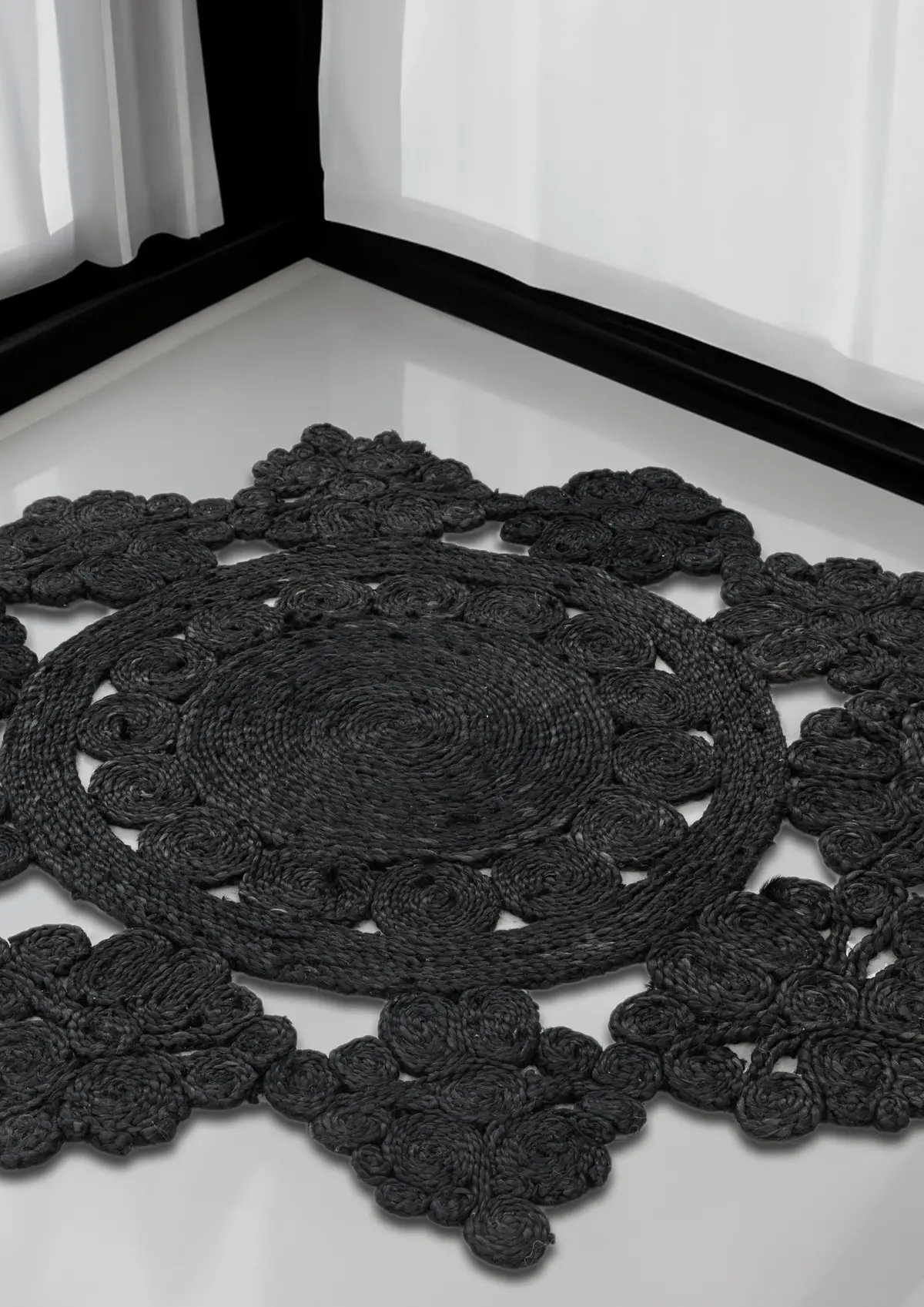 Charcoal Charm Floral Hemp Handwoven - Hemp - Hand Woven - Ajaypee Carpets (Thumbnail 3)