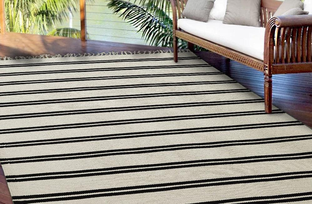 Cotton HandWoven Rug : White & Black Stripe - Cotton - Flatweave - Ajaypee Carpets (Thumbnail 3)