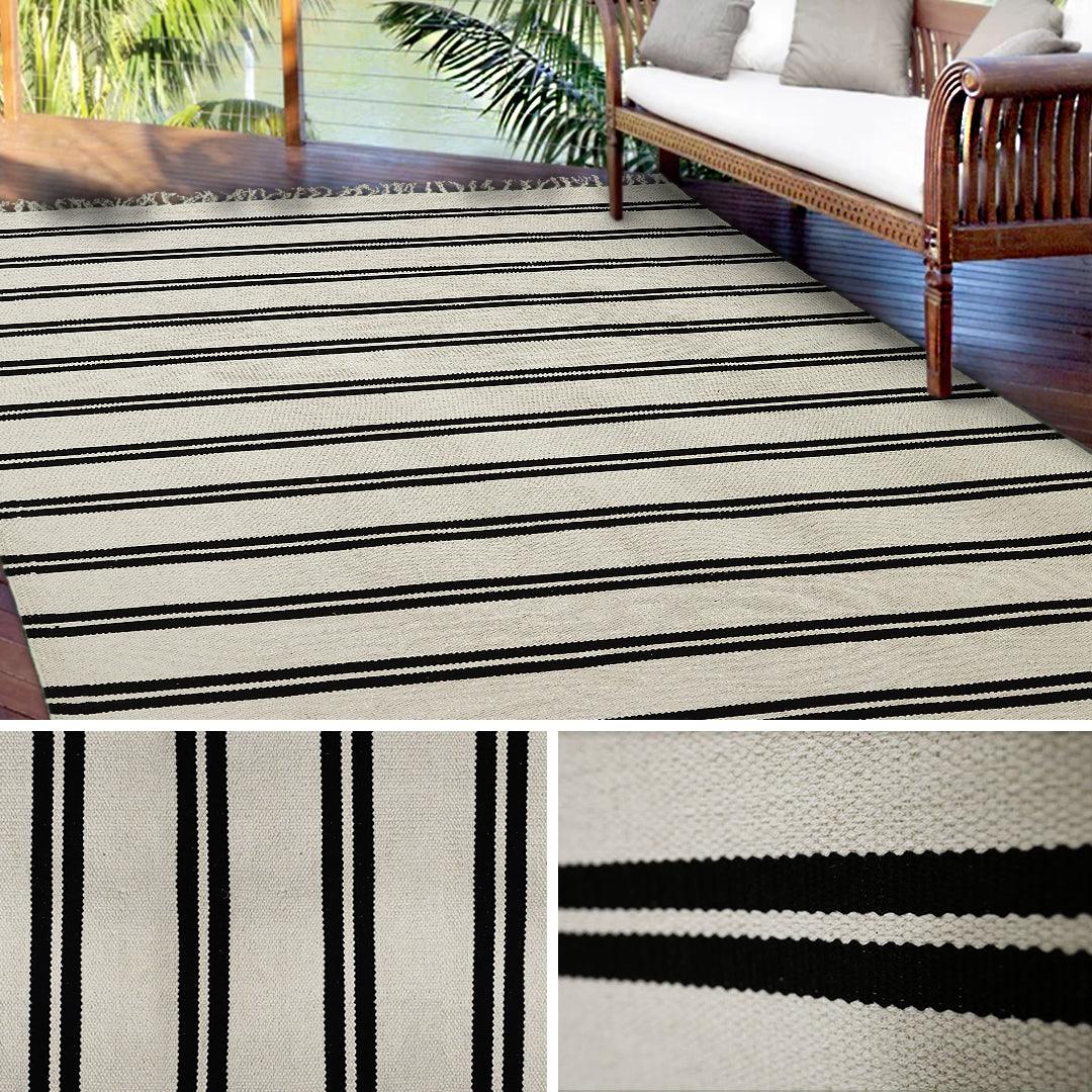 Cotton HandWoven Rug : White & Black Stripe - Cotton - Flatweave - Ajaypee Carpets (Thumbnail 4)