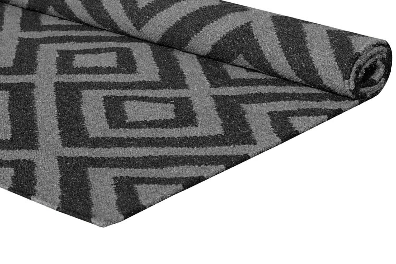 Wool HandWoven Dhurry Strink Grey - Cotton - Flatweave - Ajaypee Carpets (Thumbnail 2)