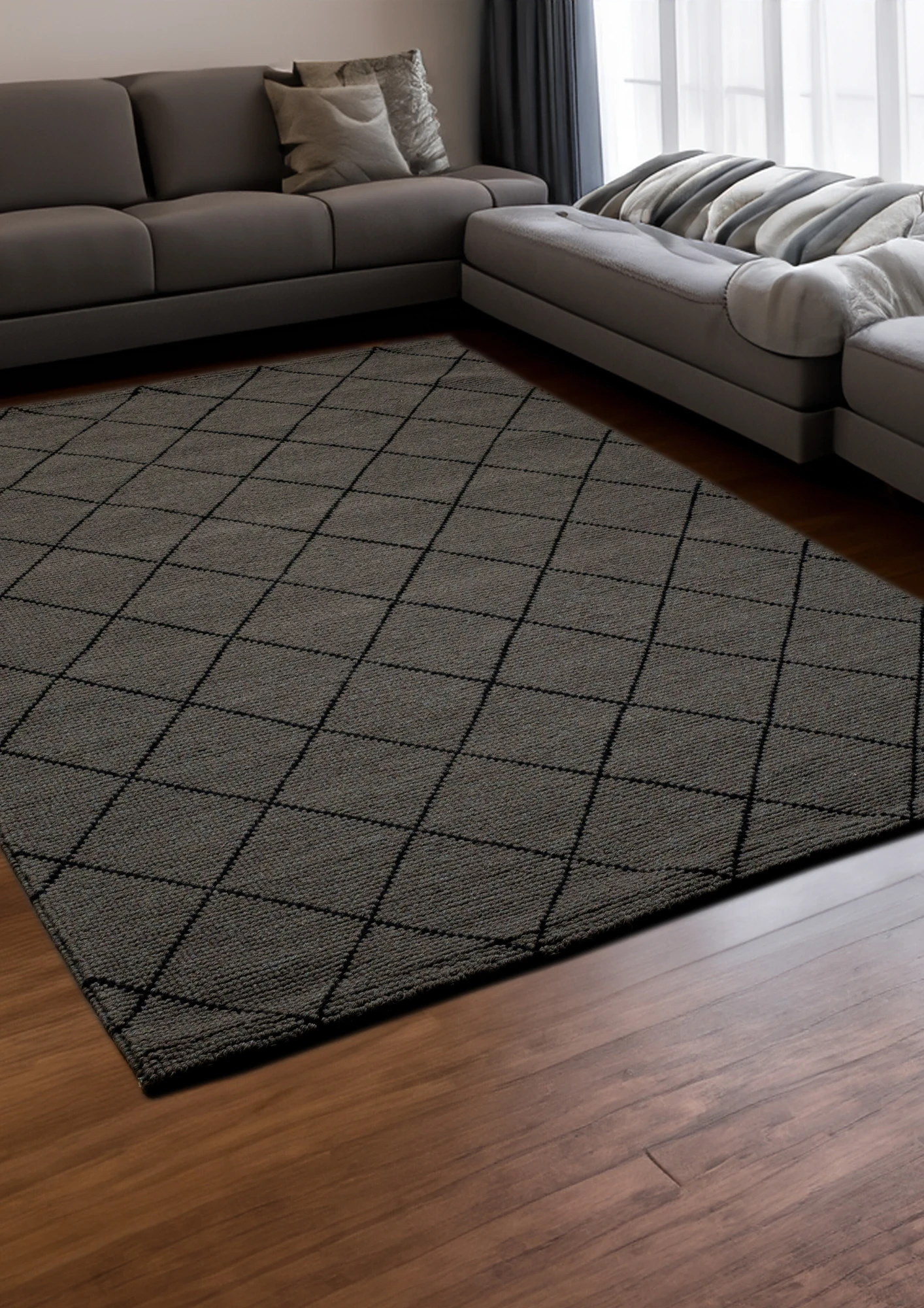 Woolen Handwoven Rug CharcoalGrid - Cotton - Hand Woven - Ajaypee Carpets (Thumbnail 4)