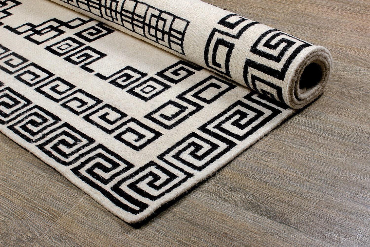 Woolen Sumak: Black /White - Cotton - Flatweave - Ajaypee Carpets (Thumbnail 3)
